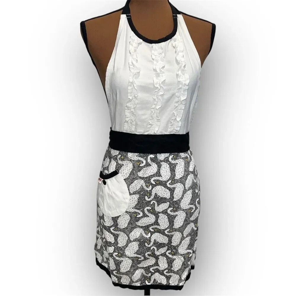 Simply Whimsical Swan Print Apron, Ruffled Bib 100% Cotton, Women’s One Size